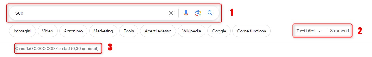 Screenshot di una SERP con query SEO in cui vengono evidenziati gli elementi fissi
