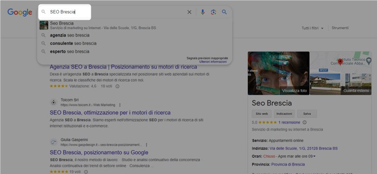 Immagine di una query di  ricerca su google con termine SEO Brescia