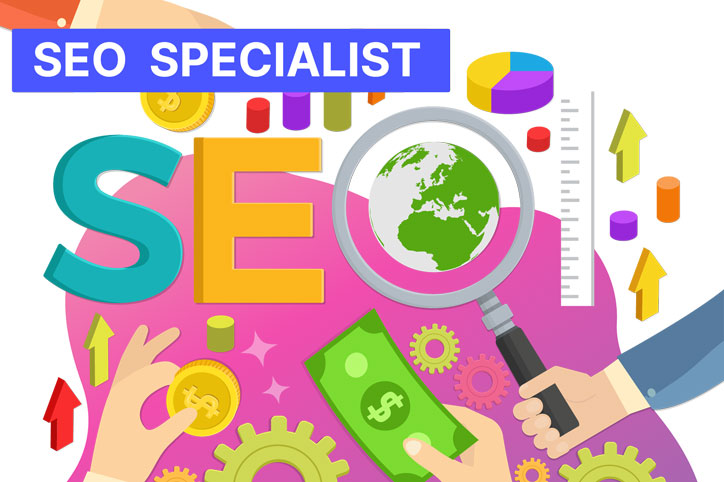 Immagine che ritrae la scritta SEO Specialist con strumenti e azioni tipiche legate a questo lavoro