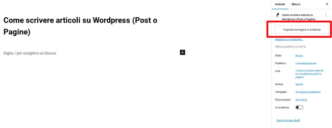 Aggiungere Immagine evidenza articolo wordpress
