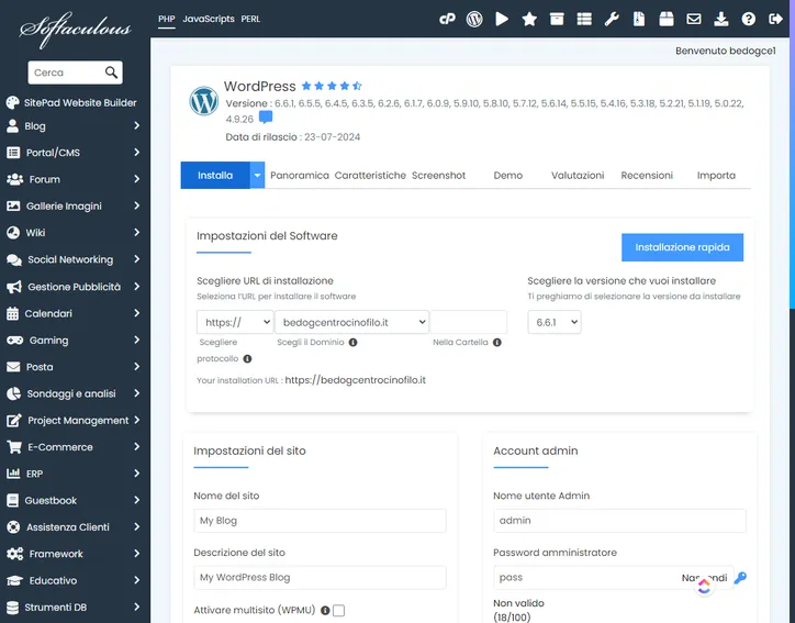 come installare wordpress usando softaculous