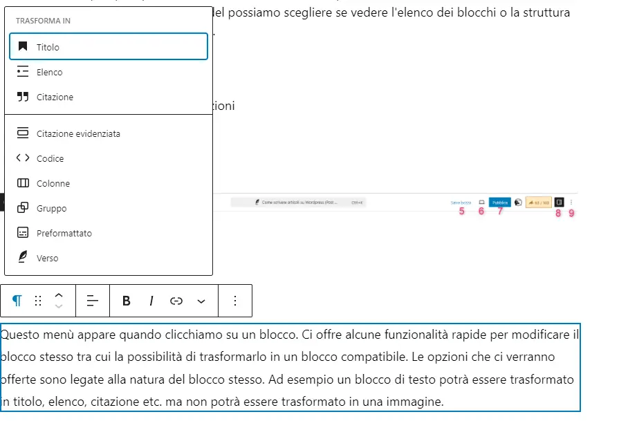 menu di modifica blocco WP gutenberg