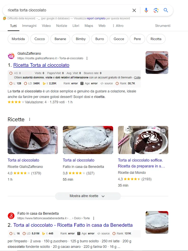 Schermata di google che mostra i risultati dei competitor